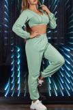 Light Green Casual Sportswear Solid Basic V Neck Long Sleeve Two Pieces