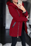 Red Casual Solid Patchwork Pocket Zipper Hooded Collar Outerwear
