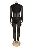 Black Fashion Sexy Patchwork See-through O Neck Skinny Jumpsuits