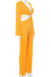 Orange Sexy Solid Hollowed Out Patchwork V Neck Straight Jumpsuits