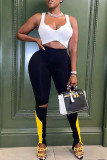 Black Casual Sportswear Patchwork Ripped Skinny High Waist Pencil Trousers