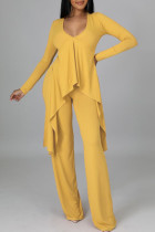 Yellow Casual Solid Split Joint Asymmetrical V Neck Long Sleeve Two Pieces