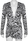 Black White Sexy Print Patchwork V Neck One Step Skirt Dresses
