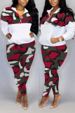 Red Fashion Casual Zipper Collar Long Sleeve Regular Sleeve Patchwork Camouflage Print Plus Size Set