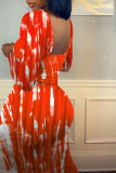 Red Sexy Print Patchwork U Neck One Step Skirt Dresses