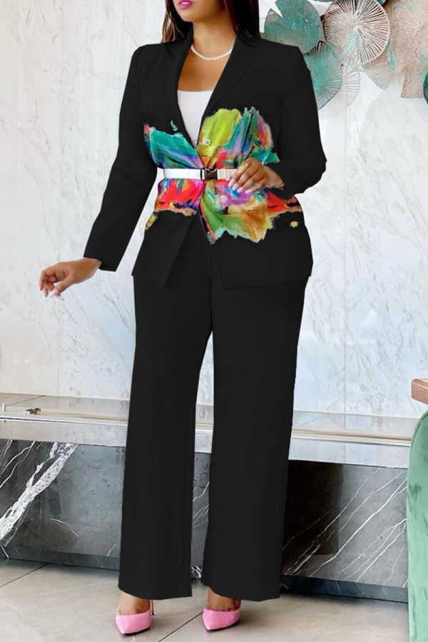 Black Fashion Casual Print Cardigan Pants Turndown Collar Long Sleeve Two Pieces (Without Belt)
