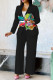 Black Fashion Casual Print Cardigan Pants Turndown Collar Long Sleeve Two Pieces (Without Belt)