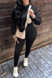 Grey Casual Solid Patchwork Hooded Collar Long Sleeve Two Pieces