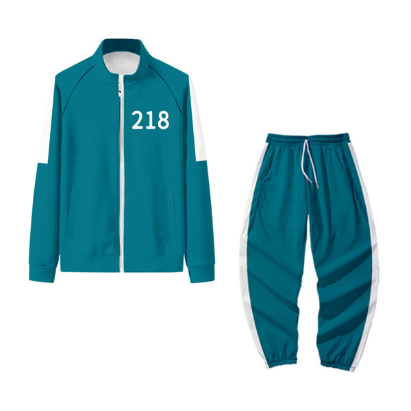 Blue-218 Squid Game Casual Print Patchwork Turndown Collar Long Sleeve Two Pieces