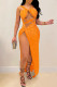 Orange Sexy Hot Drilling Hollowed Out Backless Slit V Neck Sling Dress Dresses