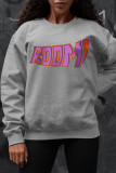 Grey Casual Daily Print Patchwork Letter O Neck Tops