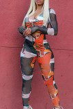 Multicolor Fashion Sexy Print Bandage Hollowed Out See-through V Neck Skinny Jumpsuits