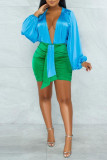 Turquoise Fashion Sexy Solid Frenulum Asymmetrical V Neck Long Sleeve Two Pieces