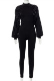 Black Fashion Casual Solid Basic Half A Turtleneck Skinny Jumpsuits