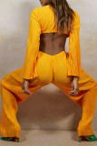 Orange Sexy Solid Hollowed Out Patchwork V Neck Straight Jumpsuits