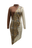 Multicolor Fashion Casual Patchwork Print Leopard Asymmetrical Turtleneck Long Sleeve Dresses