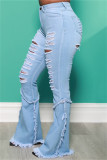 Dark Blue Fashion Casual Solid Ripped Split Joint Plus Size Jeans