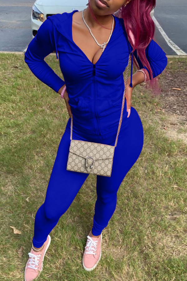 Blue Fashion Casual Solid Basic Hooded Collar Long Sleeve Two Pieces
