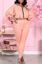 Light Pink Fashion Casual Solid Fold Zipper Collar Long Sleeve Two Pieces