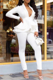 White Fashion Casual Solid Split Joint Flounce Turndown Collar Long Sleeve Two Pieces
