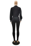 Black Fashion Casual Solid Fold Zipper Collar Long Sleeve Two Pieces