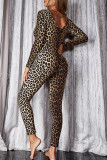 Leopard Print Fashion Casual Leopard Printing V Neck Skinny Jumpsuits (Without Belt)