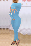 Blue Fashion Casual Letter Embroidery Solid Color Turtleneck Skinny Jumpsuits