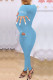 Blue Fashion Casual Letter Embroidery Solid Color Turtleneck Skinny Jumpsuits