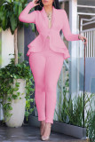 Pink Fashion Casual Solid Split Joint Flounce Turndown Collar Long Sleeve Two Pieces