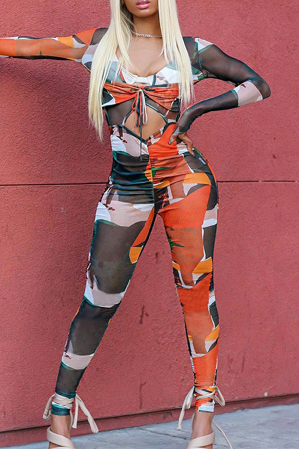 Multicolor Fashion Sexy Print Bandage Hollowed Out See-through V Neck Skinny Jumpsuits