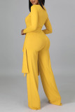 Yellow Casual Solid Split Joint Asymmetrical V Neck Long Sleeve Two Pieces