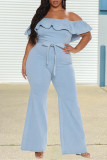 Light Blue Fashion Casual Solid Backless Off the Shoulder Plus Size Jumpsuits