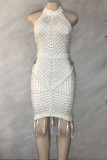 White Sexy Plus Size Patchwork Tassel Backless Beading Half A Turtleneck Sleeveless Dress