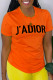 Orange Casual Street Print Patchwork Letter O Neck T-Shirts