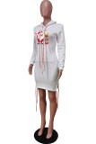 White Fashion Print Santa Claus Bandage Pocket Hooded Collar One Step Skirt Dresses