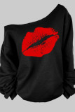 Black White Casual Lips Printed Basic Oblique Collar Plus Size Tops