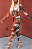 Multicolor Fashion Sexy Print Bandage Hollowed Out See-through V Neck Skinny Jumpsuits