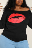 Black White Casual Lips Printed Basic Oblique Collar Plus Size Tops