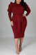 Burgundy Fashion Casual Solid With Belt O Neck Long Sleeve Plus Size Dresses