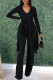 Black Fashion Casual Patchwork Solid Asymmetrical V Neck Long Sleeve Two Pieces