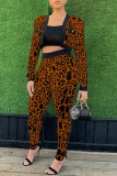 White Sexy Plaid Print Leopard Patchwork Long Sleeve Two Pieces