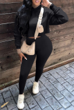 Grey Casual Solid Patchwork Hooded Collar Long Sleeve Two Pieces