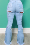 Baby Blue Fashion Casual Solid Ripped Split Joint Plus Size Jeans