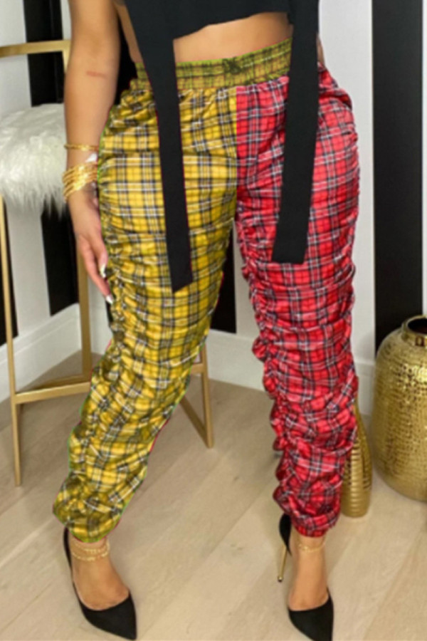 Yellow Fashion Casual Plaid Print Patchwork Regular High Waist Trousers