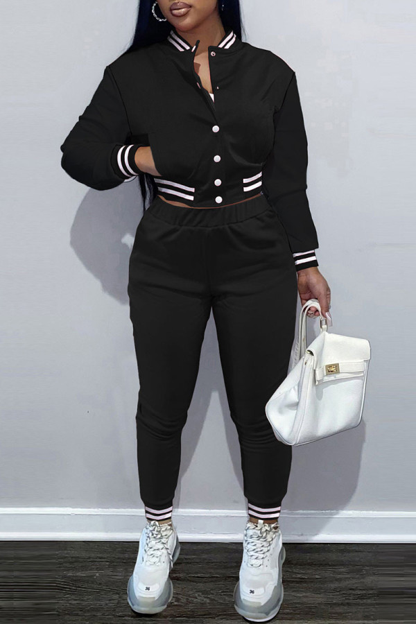 Black Casual Solid Patchwork Buckle Long Sleeve Two Pieces
