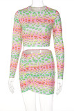 Colour Fashion Casual Print Basic O Neck Long Sleeve Two Pieces