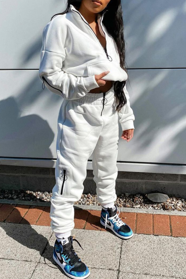 White Casual Solid Zipper Zipper Collar Long Sleeve Two Pieces
