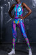 Cyan Sexy Casual Print Backless O Neck Skinny Jumpsuits