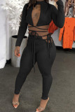 Black Sexy Casual Solid Bandage Hollowed Out Half A Turtleneck Long Sleeve Two Pieces