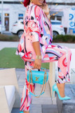 Pink Fashion Casual Print Cardigan Pants Turndown Collar Long Sleeve Two Pieces